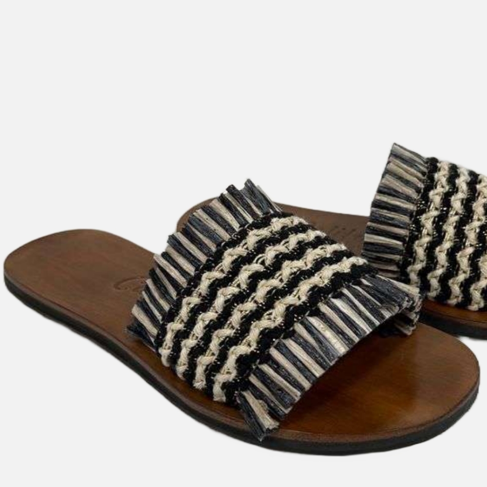 Californians Madison black ivory fringe raffia straw sandals NIB